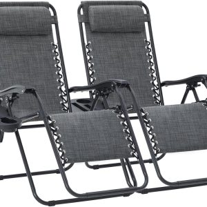 Special JEAREY Zero Gravity Lounge Chairs Set of 2, Adjustable Steel Mesh Recliners with Pillows and Cup Holder Trays for Patio