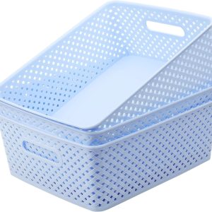 Special 3 Pack Plastic Storage Baskets, Large, Grey, Durable Woven Plastic with Built-In Handles