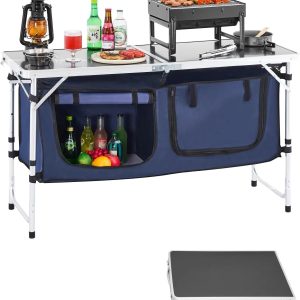 Special Camping Kitchen Station, 3 Adjustable Height Folding Outdoor Camp Cooking Table with Storage Organizer