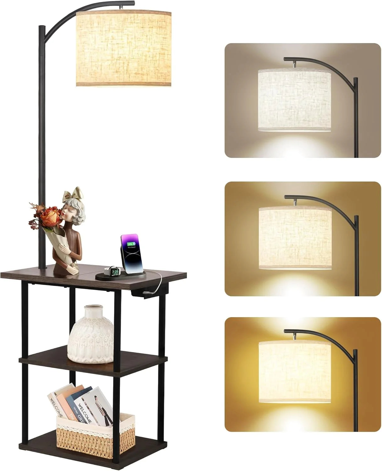 Special PESRAE Floor Lamp with Table, 3-Color Temperature, 9W LED, Modern Shelves Side Table for Bedroom