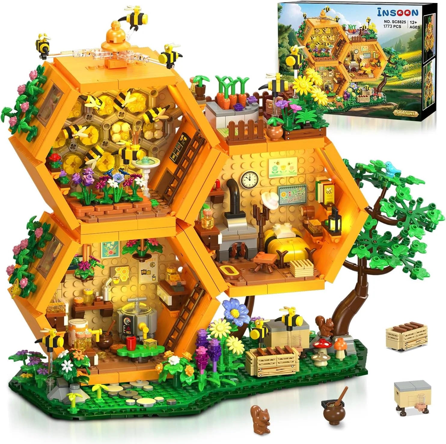 Special Bee Treehouse Building Set with Lights for Adults, Farm House Kit, Collectible Cabin Home Decor Gift for Boys
