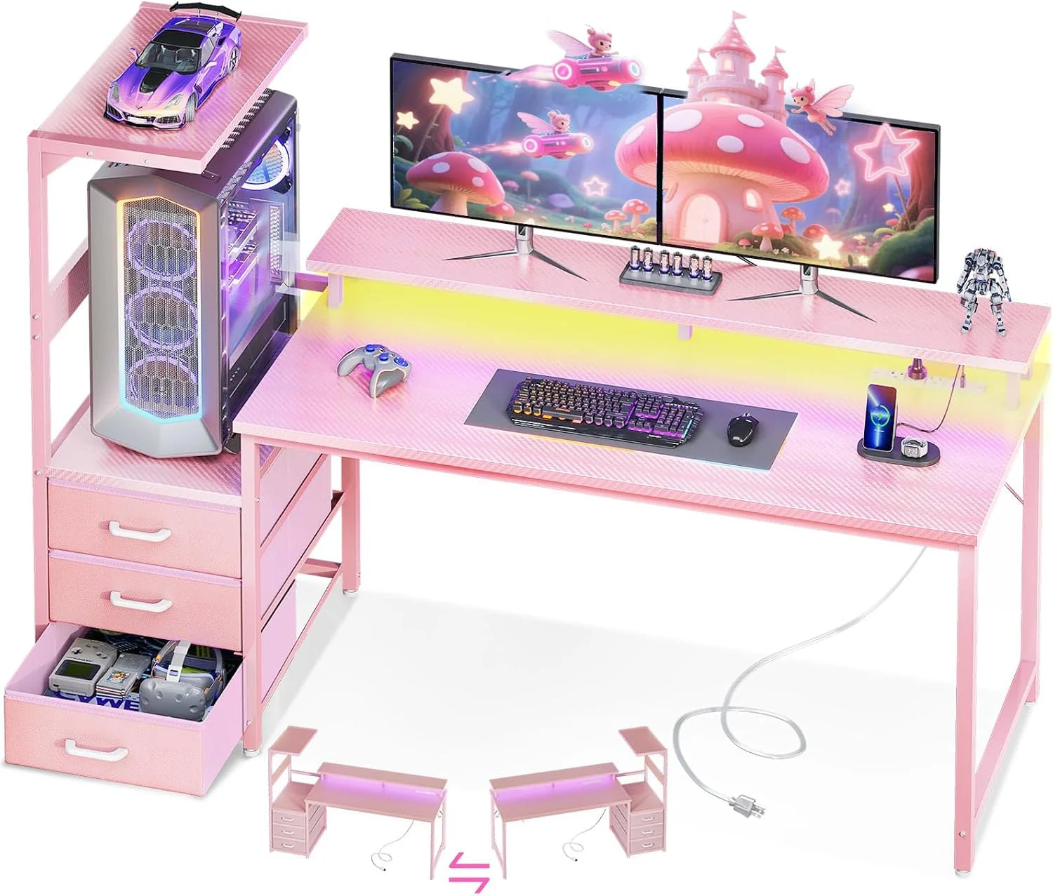 Special Gaming Desk w/PC Showcase Stand, 59 Reversible, Elevated stand fits Lian Li O11, Hyte Y60. Triple drawers hide - Image 2