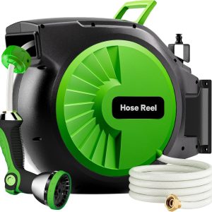 Special Garden Hose Reel 100FT x 1/2 in, Wall Mount Water Hose Reel for Outside with Auto Rewind