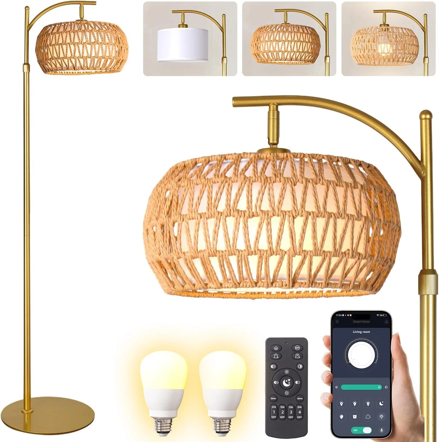 Special Gold Boho Rattan Floor Lamp w/Remote, Dimmable - Image 3