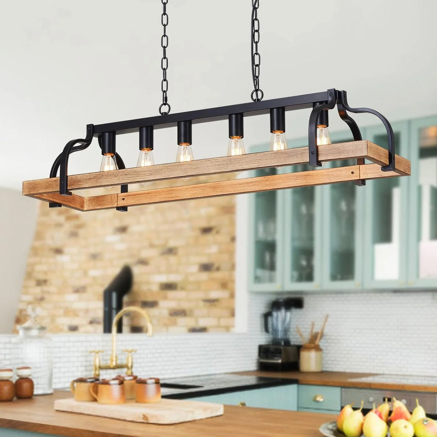 Special 5-Light Metal Chandelier Imitation Wood Grain Linear Pendant Ceiling Lighting Rustic Farmhouse Fixture Kitchen - Image 2