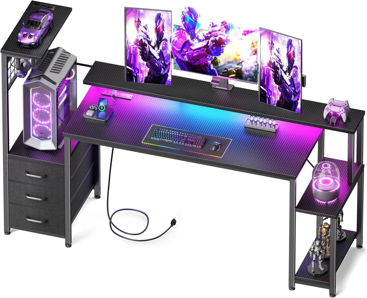Special 48 Inch Gaming Desk with LED Lights & Power Outlets, Computer Desk with Fabric Drawers & Side Hook - Image 3