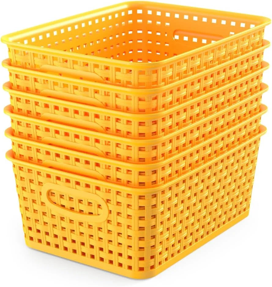 Special Woven Plastic Storage Baskets, 6 Pack White Weave Bins Organizer, 10.1 x 7.55 x 4.1