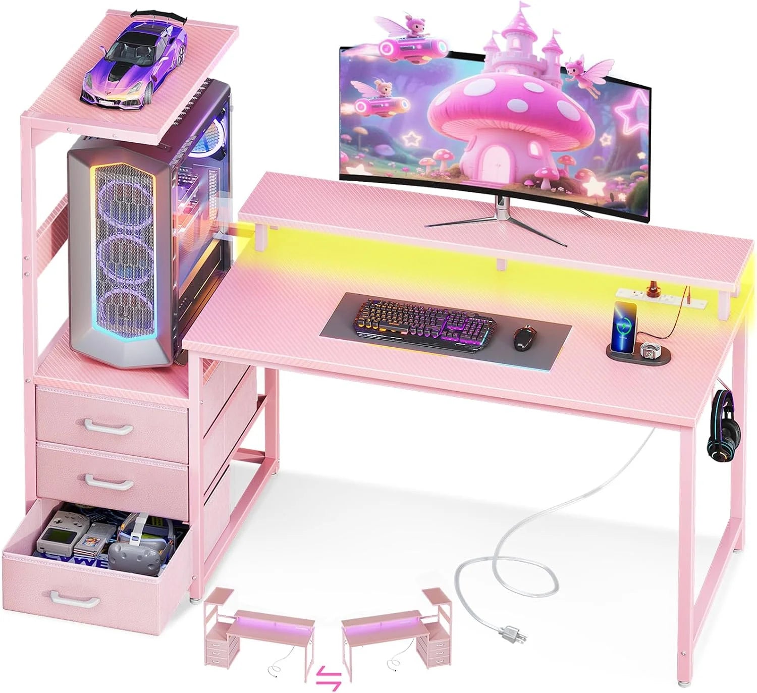 Special Gaming Desk w/PC Showcase Stand, 59 Reversible, Elevated stand fits Lian Li O11, Hyte Y60. Triple drawers hide - Image 5