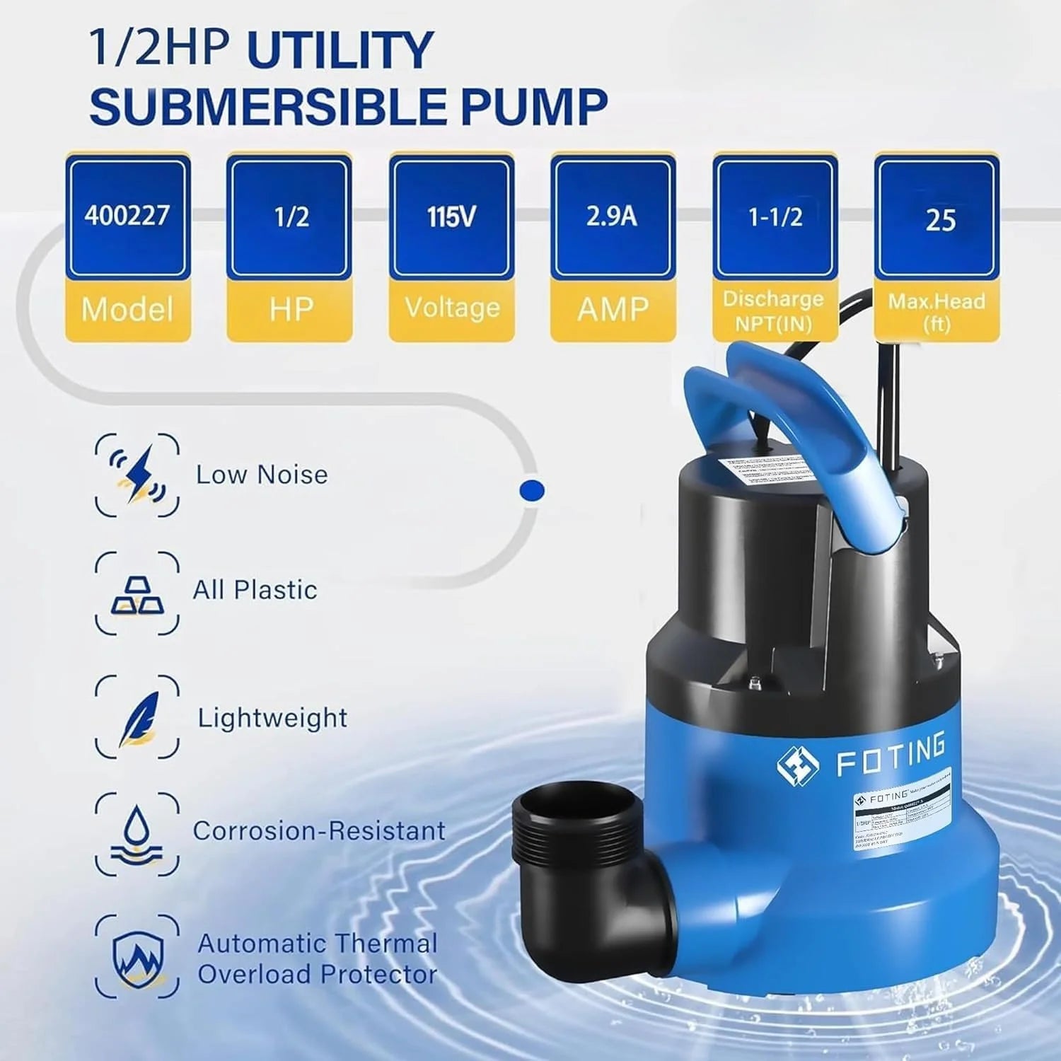 Special 1/2HP Submersible Water Pump with Stainless Steel Base, Removes Water to 0.04 Depth, 2450GPH Portable Sump Pump - Image 5