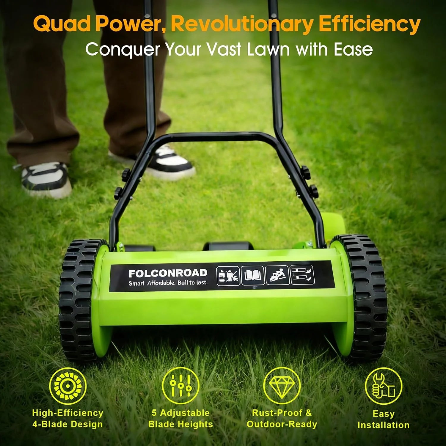 Special 14-Inch 4-Blade Push Reel Lawn Mower, Manual Reel Push Mower, Walk-Behind Lawn Mowers, 5-Position Cutting – For Lawn Care - Image 2