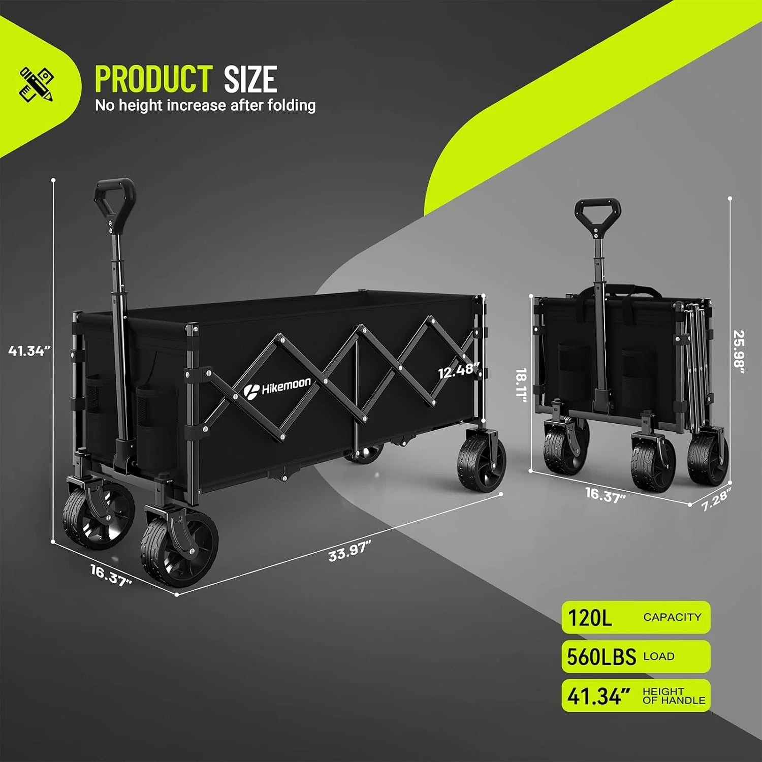 Special HIKEMOON 34″ Extra Long Folding Wagon Wide Wheels, 120L 360LBS Black