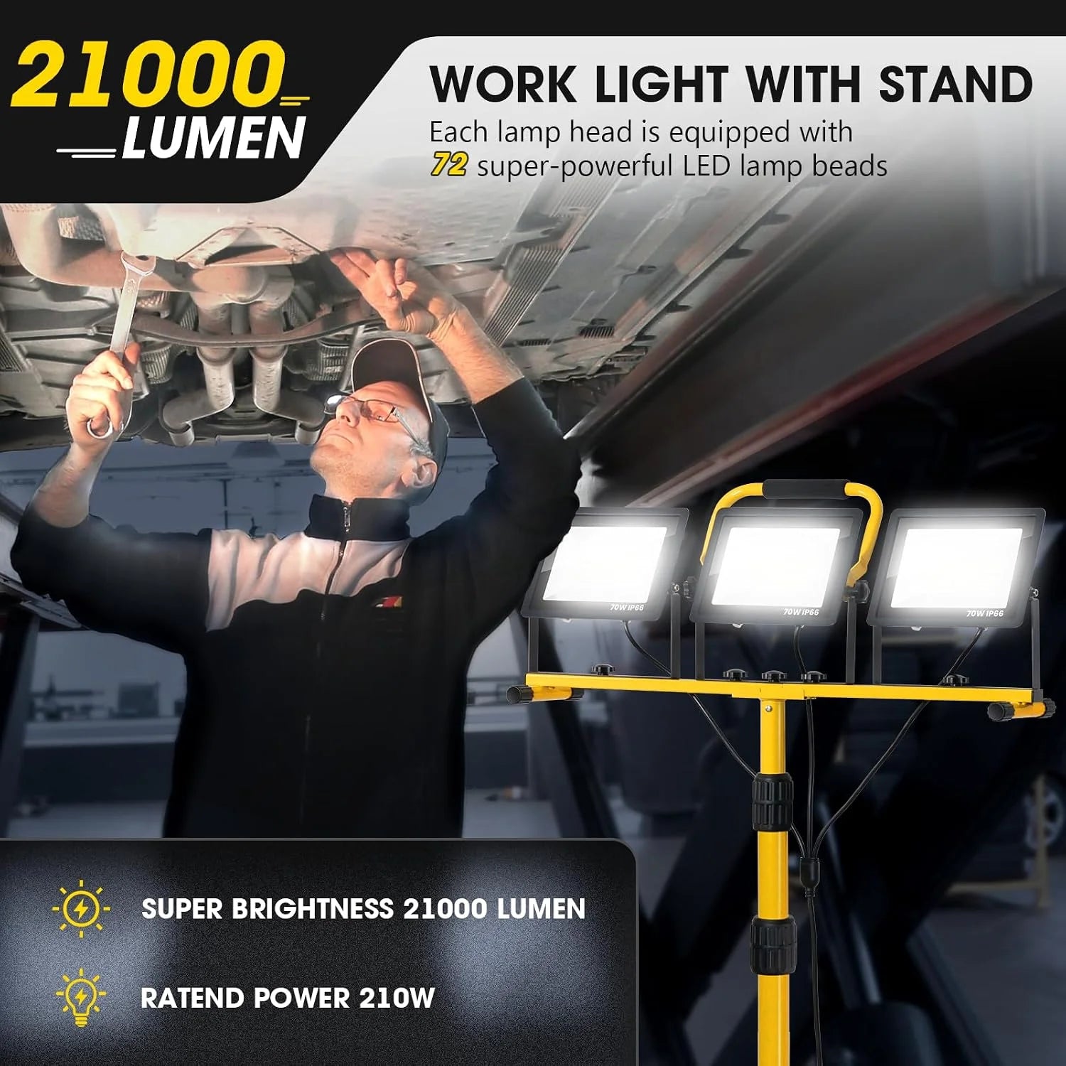 Special 21000Lumen LED Work Lights with Stand, 3 Head Portable Work Light with 16FT Cord, IP66 Waterproof Tripod - Image 4