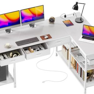 Special 55 Inch L Shaped Office Desk with Power Outlets and Type-C Port, Large Computer Gaming Desk with 3 Fabric