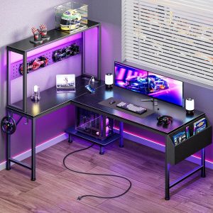 Special L Shaped Gaming Desk with LED Lights & Power Outlets, Reversible Computer Desk with Storage Shelves & Bag