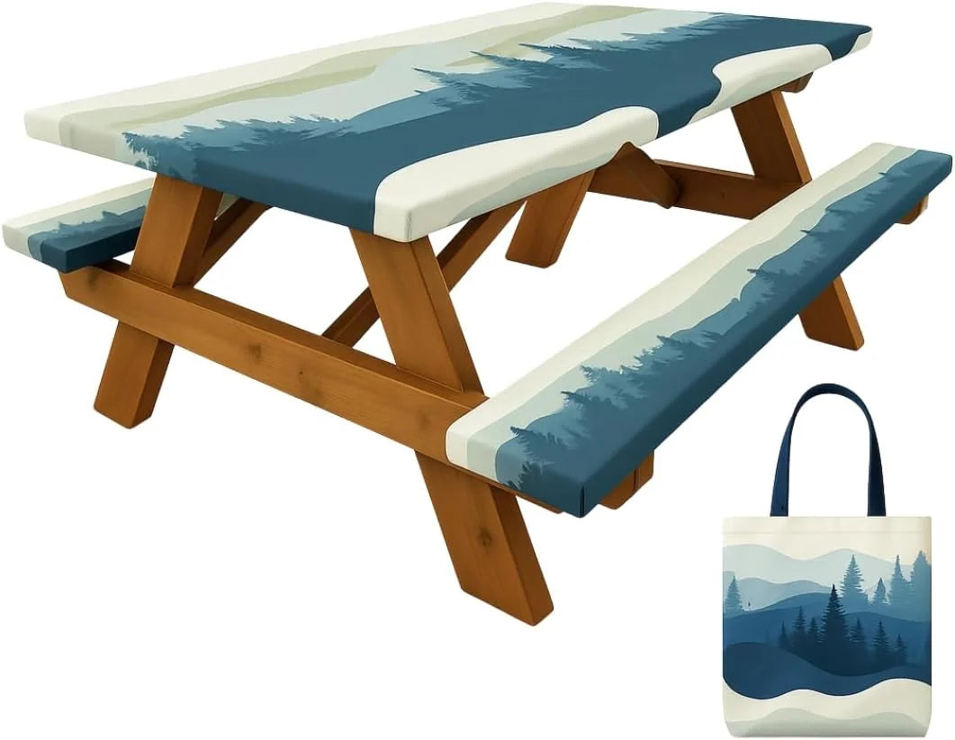 Special Premium Vinyl Fitted Picnic Table Cover with Bench Covers & Bag, Outdoor Waterproof & Windproof Durable Tablecloth with Elastic Edges
