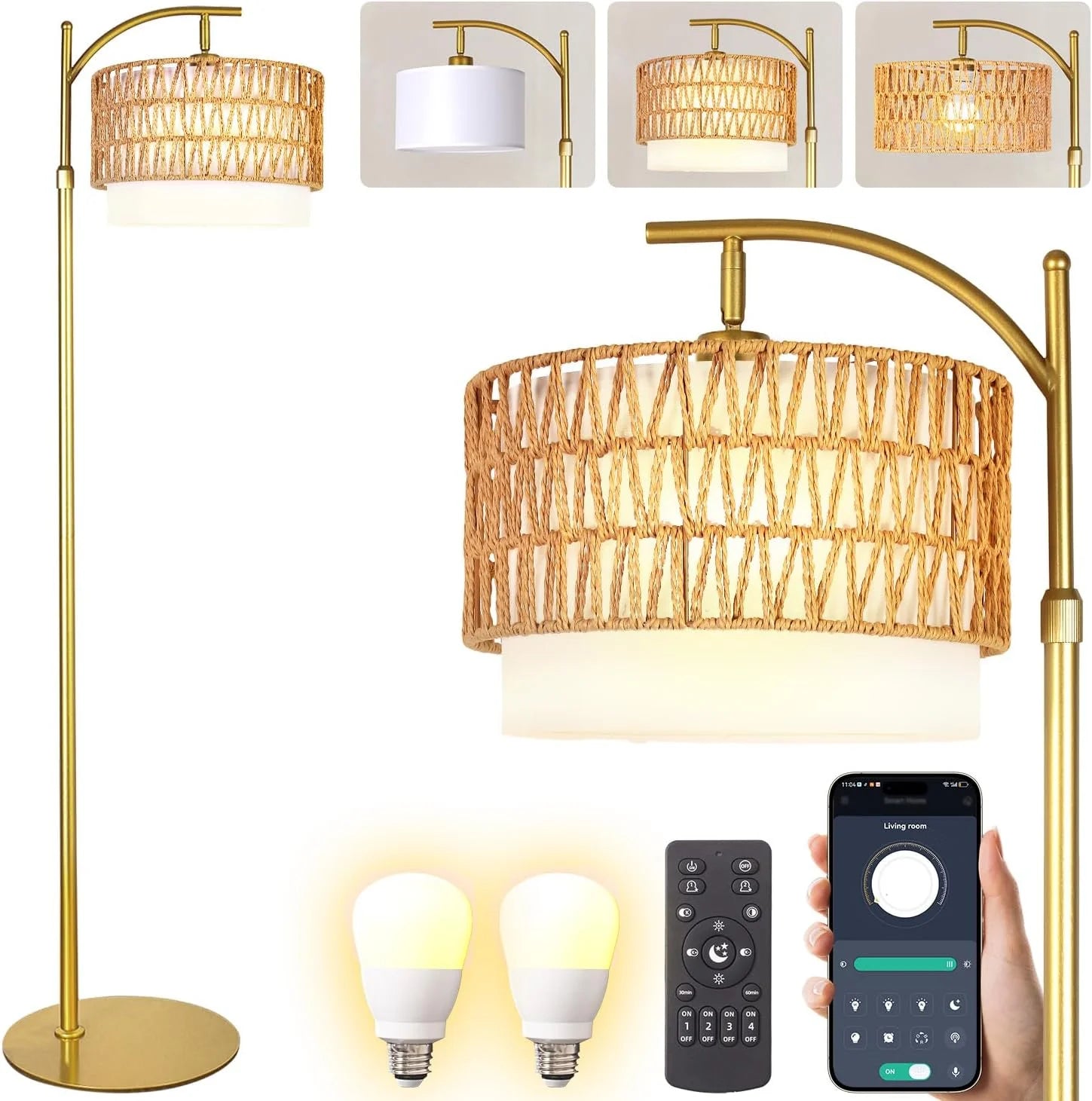 Special Gold Boho Rattan Floor Lamp w/Remote, Dimmable - Image 2