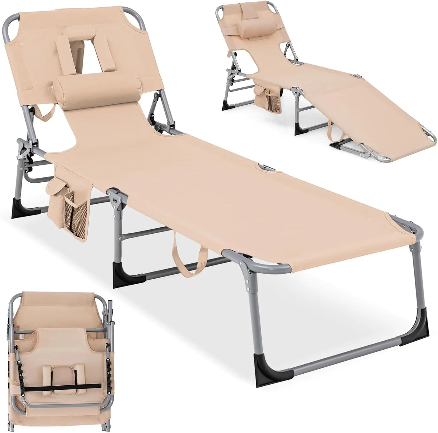 Special Tanning Chair with Face Hole, Folding Beach Lounge Chair with 4-Position Adjustable Backrest, Camping (1 - Image 4
