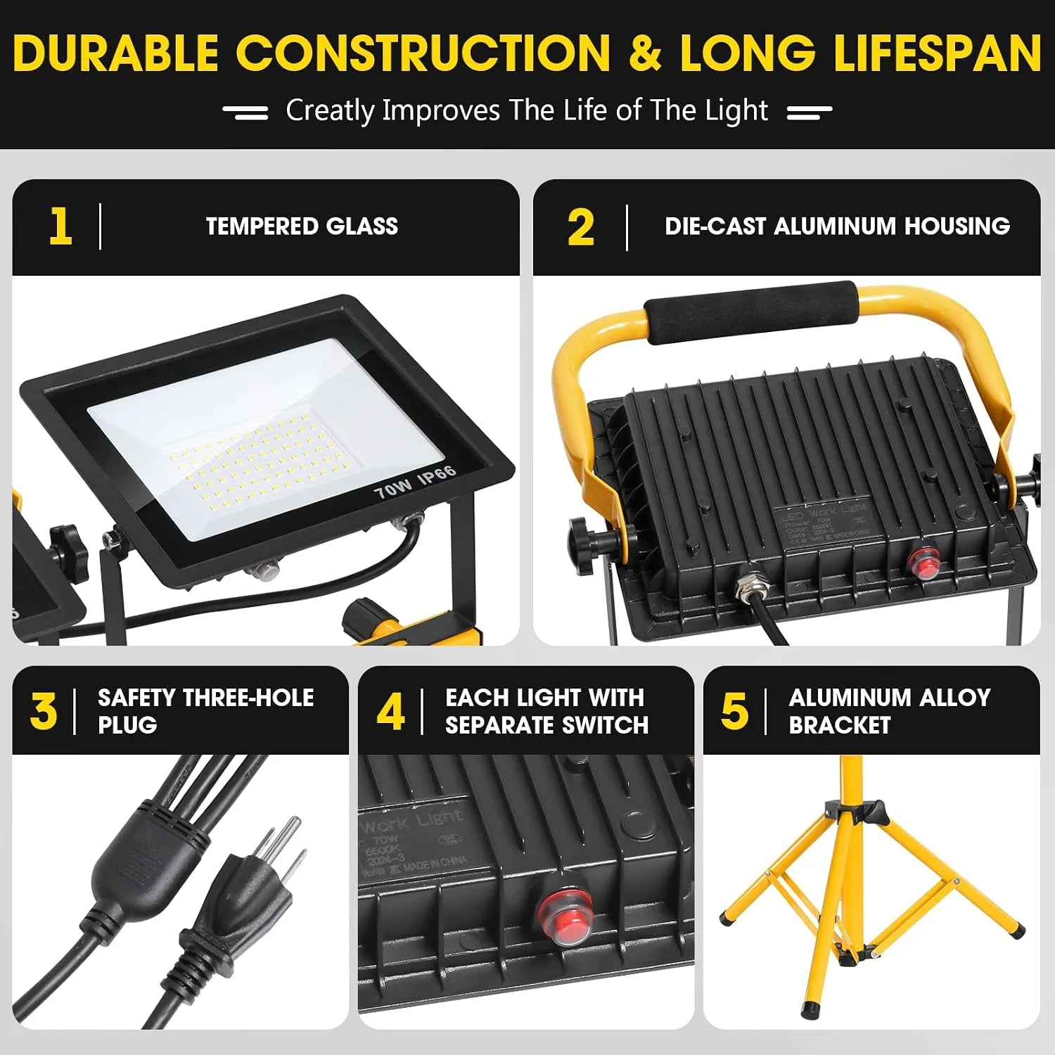 Special 21000Lumen LED Work Lights with Stand, 3 Head Portable Work Light with 16FT Cord, IP66 Waterproof Tripod - Image 6