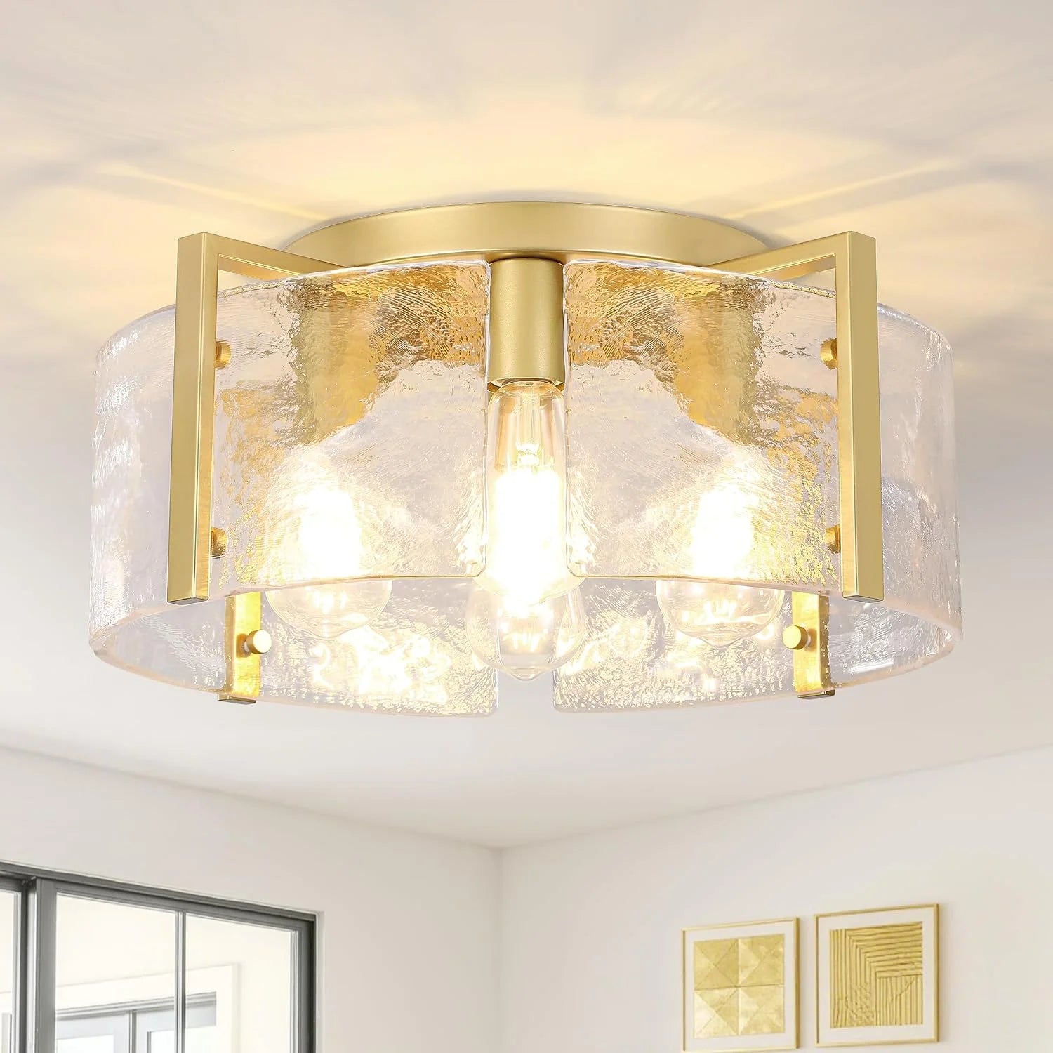 Special Modern Gold Semi Flush Mount Ceiling Light, Dimmable, 3-Light Farmhouse Glass Drum Light Fixture - Image 6