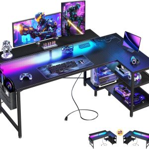 Special 48 Inch Gaming Desk with USB Charging Ports and LED Lights, Reversible L Shaped Computer Desk with Storage Shelves