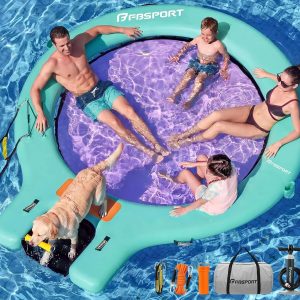 Special Inflatable Water Hammock Floating Dock with Boat Ramp, Round Floating Ring Inflatable Raft with Cup Holders
