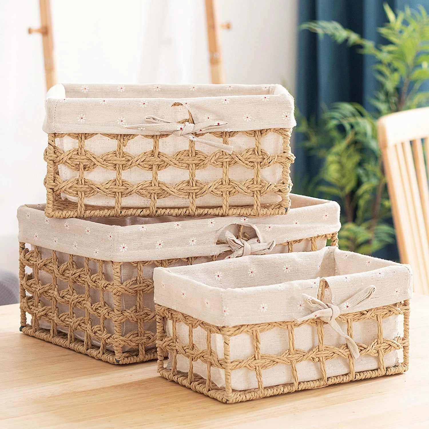 Special Small Wicker Woven Storage Baskets for Organizng with Liners, Set of 3, Braided Paper Rope, Decorative Cute - Image 3