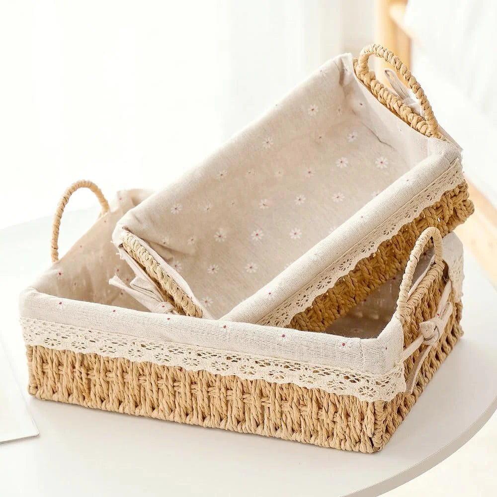 Special Small Wicker Woven Storage Baskets for Organizng with Liners, Set of 3, Braided Paper Rope, Decorative Cute - Image 2