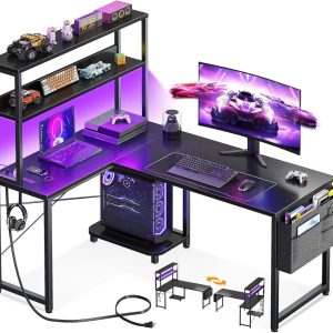 Special L Shaped Desk Gaming Desk with LED Light & Power Outlet, 53 Inch Black Reversible L Shaped Computer Table