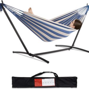 Special Double Hammock with Stand for Outside, Heavy-Duty, Portable (Coffee)