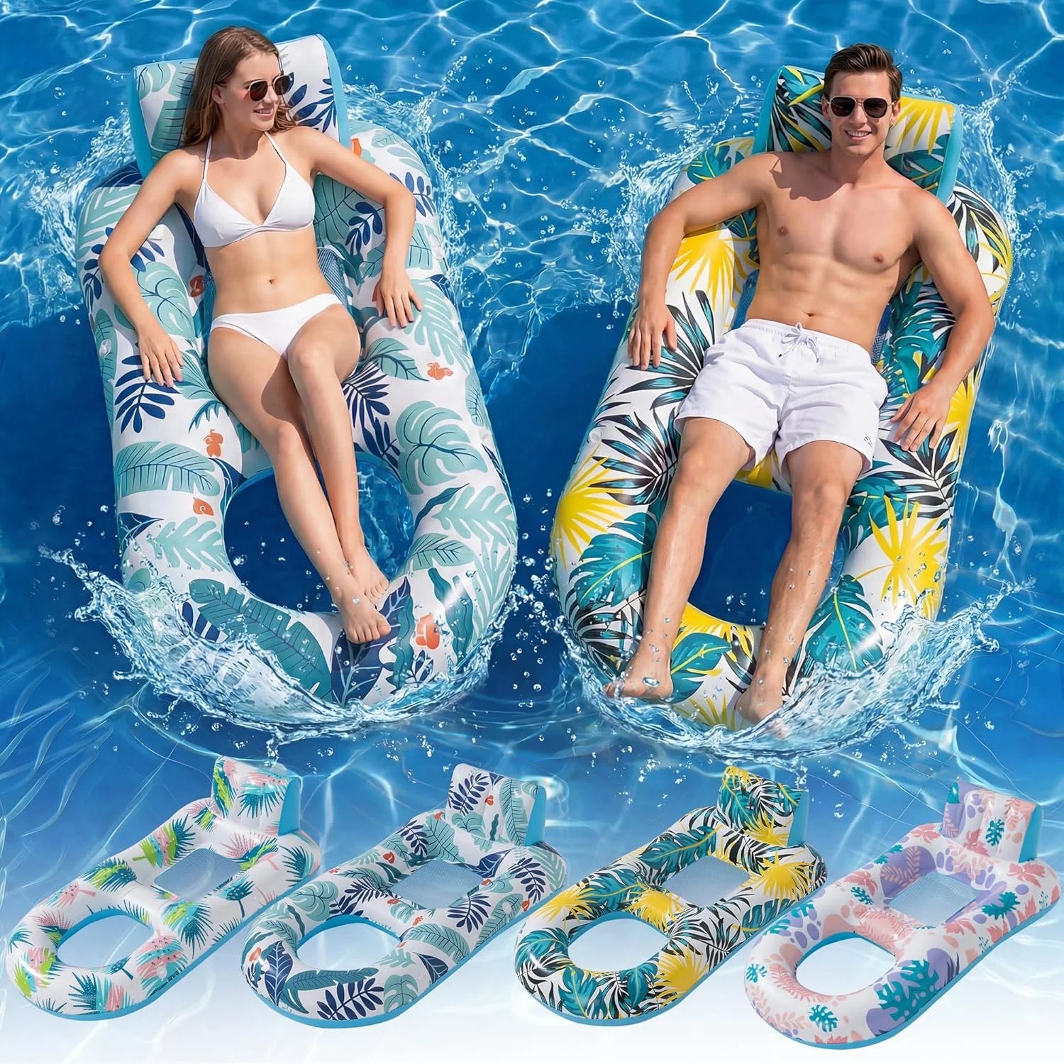 Special 4 Pack Inflatable Heavy Duty Pool Floats Lounger, Giant Pool Floats Adult Size with Backrest & Footrest