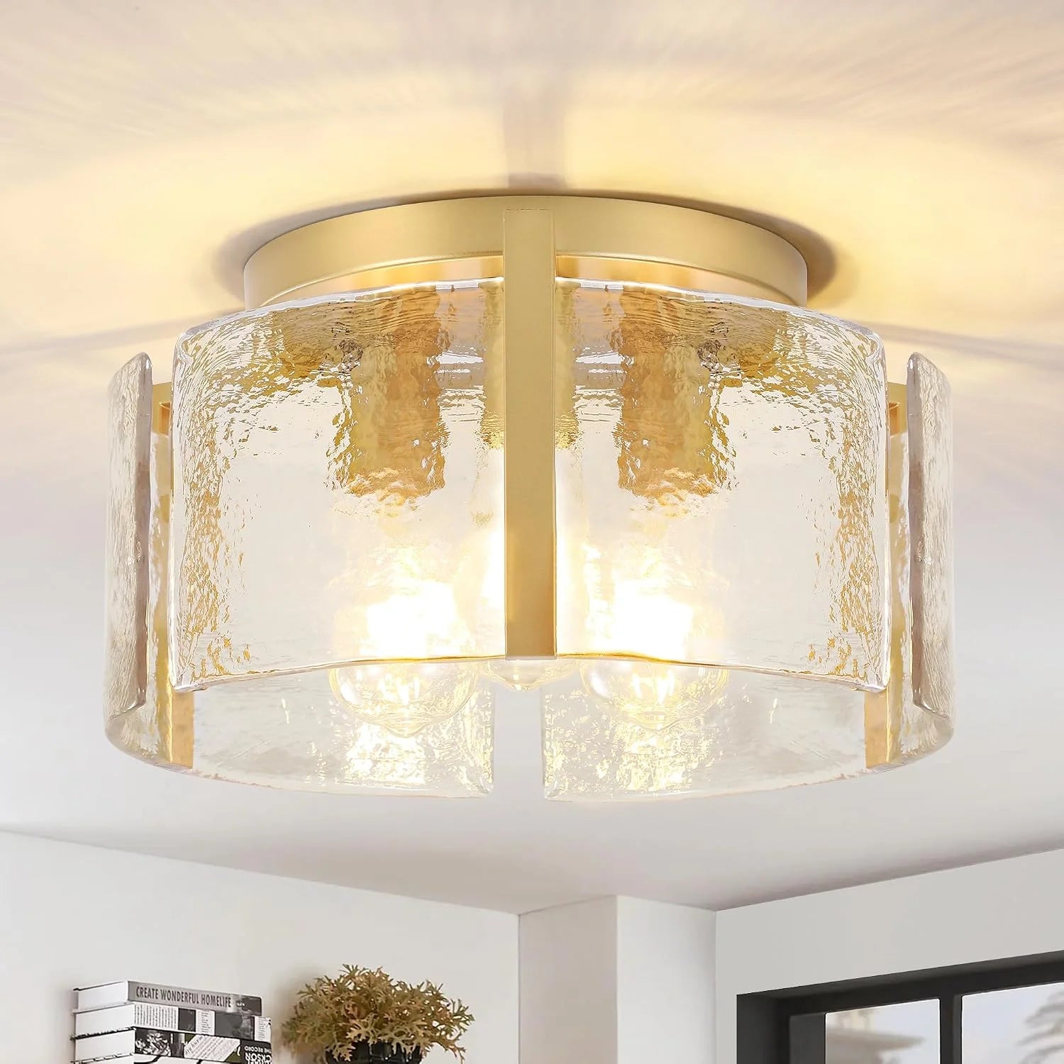 Special Modern Gold Semi Flush Mount Ceiling Light, Dimmable, 3-Light Farmhouse Glass Drum Light Fixture - Image 5