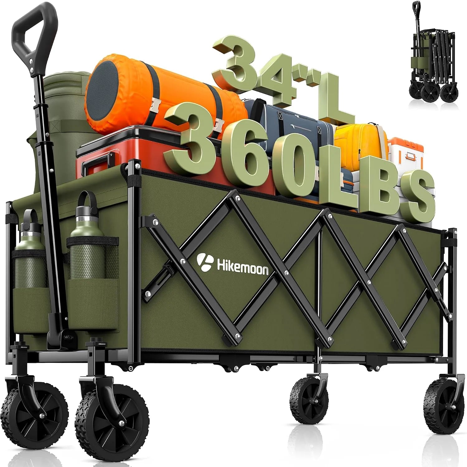 Special 34” Extra Long Folding Portable Wagon Cart, 120L 360LBS Black, Heavy Duty - Image 9