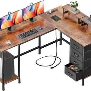 Special Korfile 59 inch L Shaped Computer Desk with Power Outlets, Home Office Desk with 4 Adjustable Storage Drawers & 2