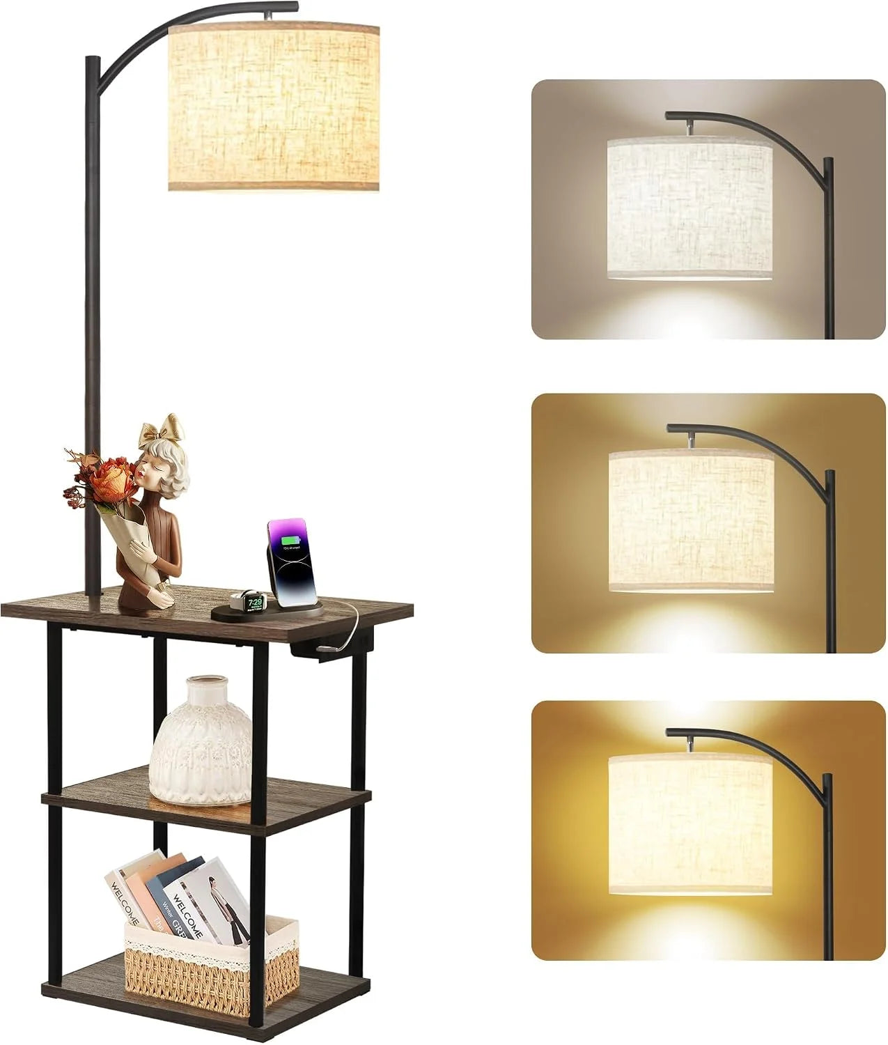 Special PESRAE Floor Lamp with Table, 3-Color Temperature, 9W LED, Modern Shelves Side Table for Bedroom - Image 3