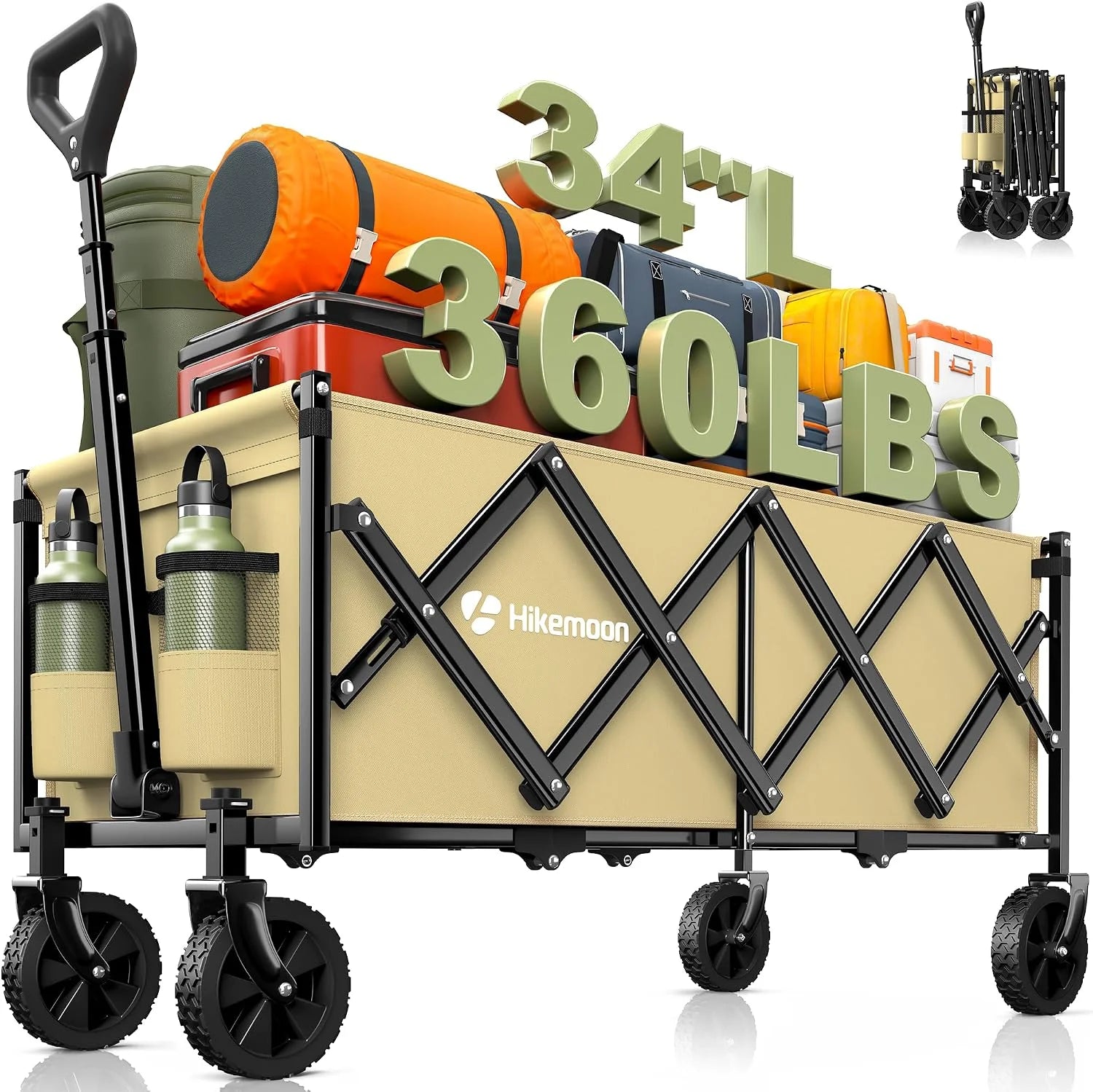 Special 34” Extra Long Folding Portable Wagon Cart, 120L 360LBS Black, Heavy Duty - Image 3