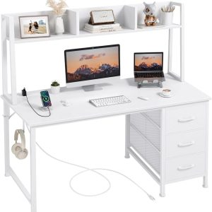 Special DLisiting White Computer Desk with Hutch & Drawers, 47 Inch Modern Study Writing Office Desk with 3 Storage Drawers and