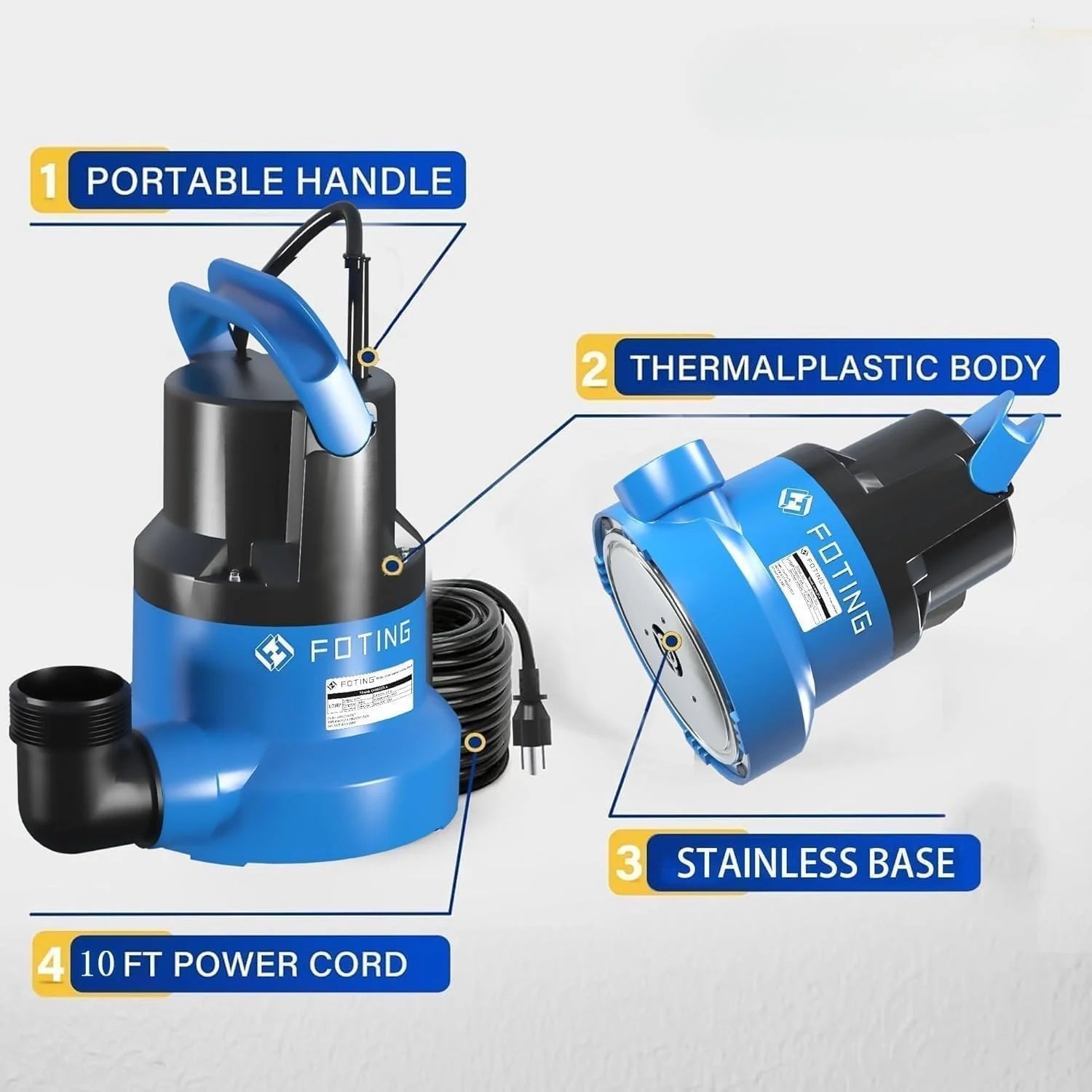 Special 1/2HP Submersible Water Pump with Stainless Steel Base, Removes Water to 0.04 Depth, 2450GPH Portable Sump Pump - Image 8