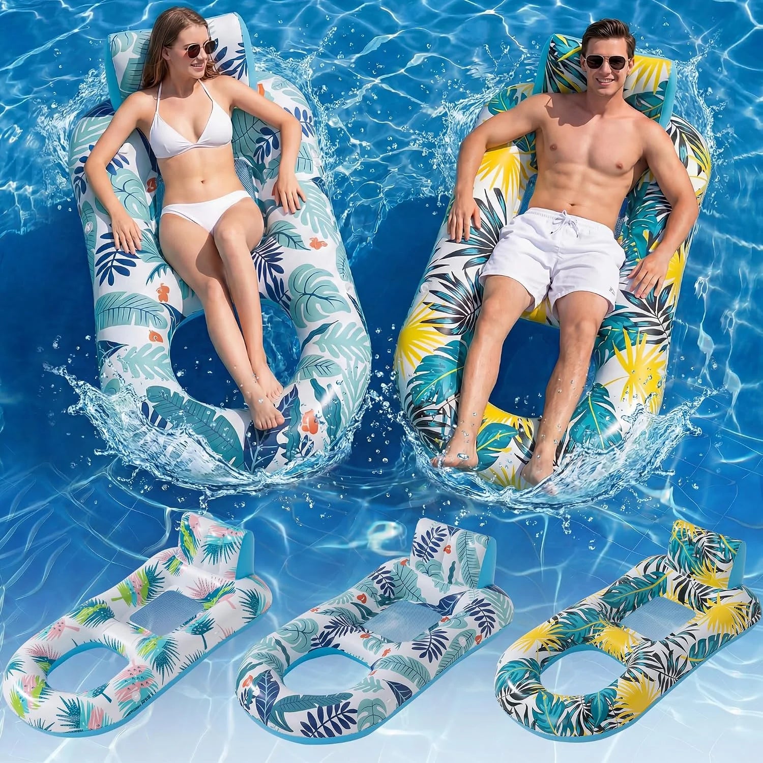 Special 4 Pack Inflatable Heavy Duty Pool Floats Lounger, Giant Pool Floats Adult Size with Backrest & Footrest - Image 2