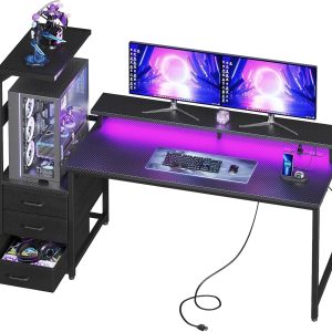 Special Gaming Desk w/PC Showcase Stand, 59 Reversible, Elevated stand fits Lian Li O11, Hyte Y60. Triple drawers hide