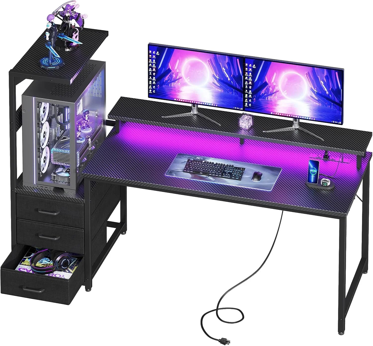 Special Gaming Desk w/PC Showcase Stand, 59 Reversible, Elevated stand fits Lian Li O11, Hyte Y60. Triple drawers hide