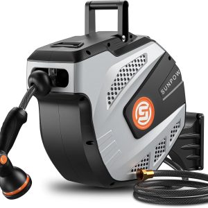Special SUNPOW Retractable Garden Hose Reel, 1/2 inch x 50ft Heavy Duty Wall Mounted Hose Reel with 3/4 inch Brass Fitting & 10
