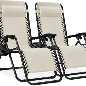 Special Choice Products Set of 2 Adjustable Steel Mesh Zero Gravity Lounge Chair Recliners w/Pillows and Cup Holder Trays