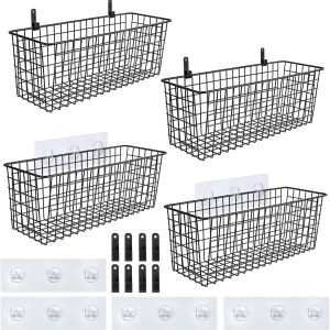 Special Set [EXTRA LARGE] Hanging Wall Mount Storage Baskets with Adhesive Hooks & Steel Hooks, Multiuse Sturdy Wire