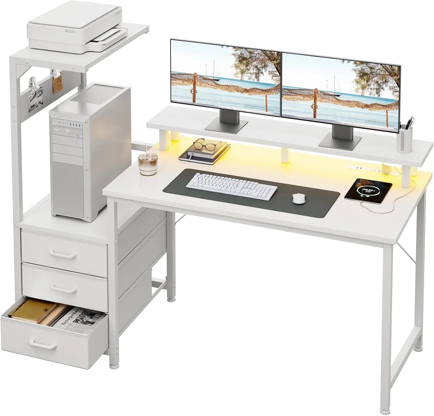 Special Gaming Desk w/PC Showcase Stand, 59 Reversible, Elevated stand fits Lian Li O11, Hyte Y60. Triple drawers hide - Image 7