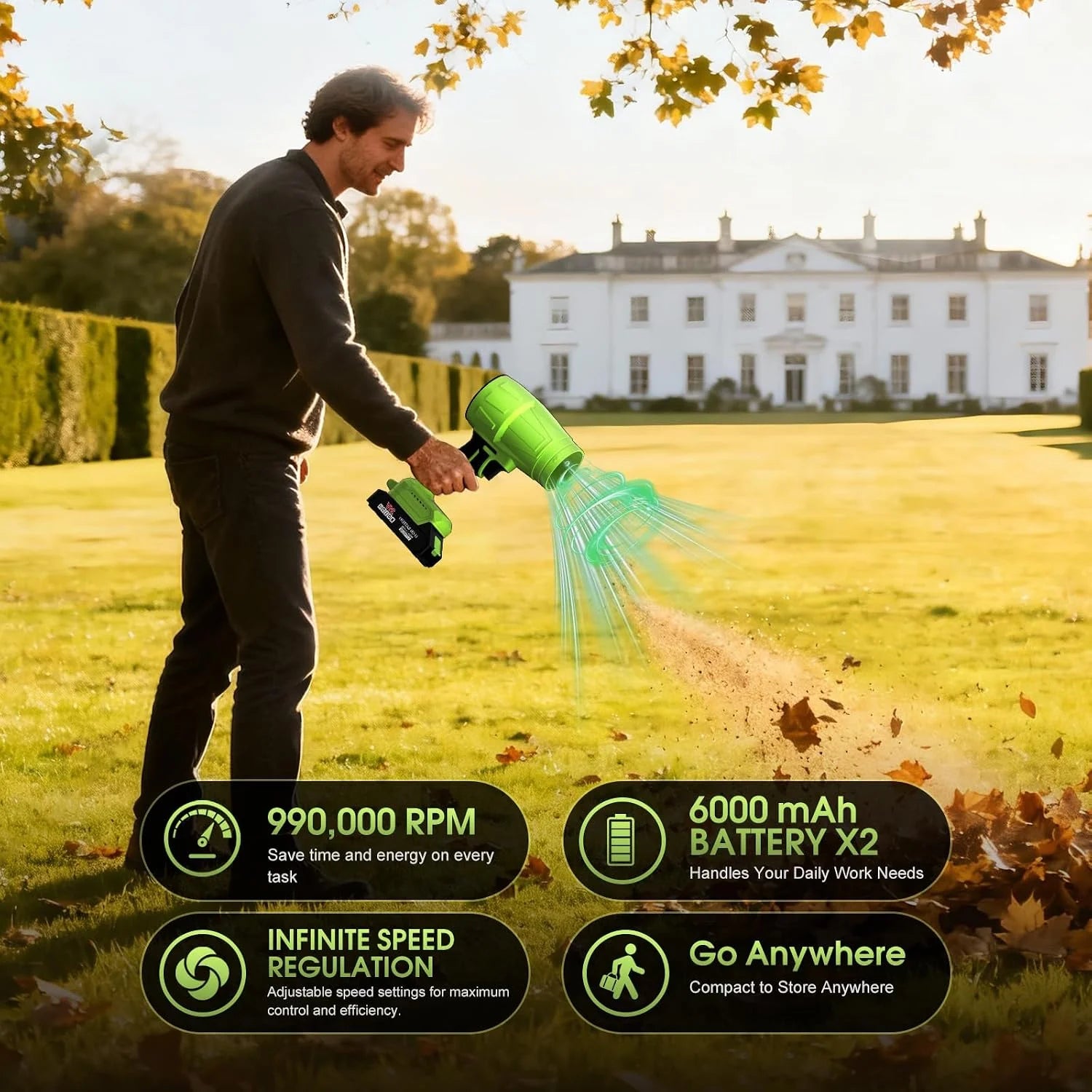Special Blower 2×6.0Ah Battery & Charger, Electric Cordless Leaf Blower(Green) – For Yard Cleanup - Image 2