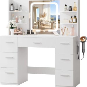 Special 43 Large White Makeup Vanity Desk with Charging Station, Smart LED Mirror, 7 Drawers, 4 Shelves