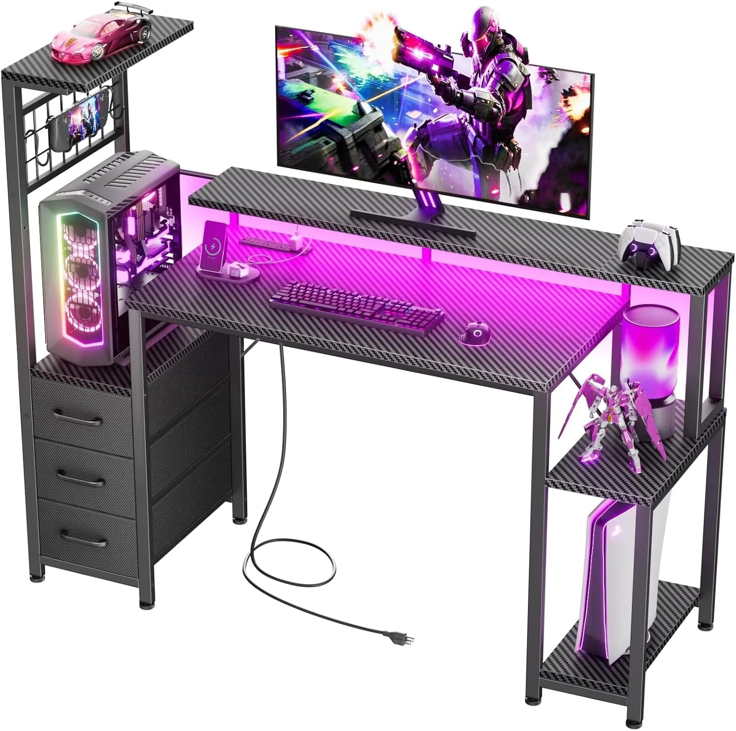 Special 48 Inch Gaming Desk with LED Lights & Power Outlets, Computer Desk with Fabric Drawers & Side Hook - Image 2