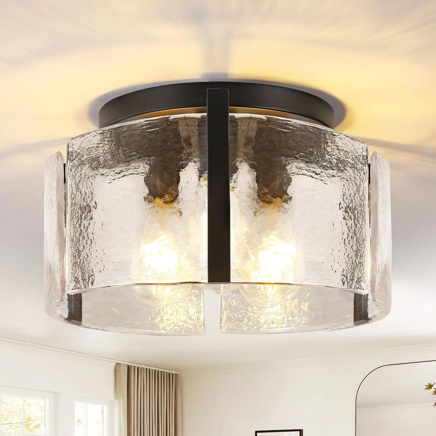 Special Modern Gold Semi Flush Mount Ceiling Light, Dimmable, 3-Light Farmhouse Glass Drum Light Fixture - Image 2
