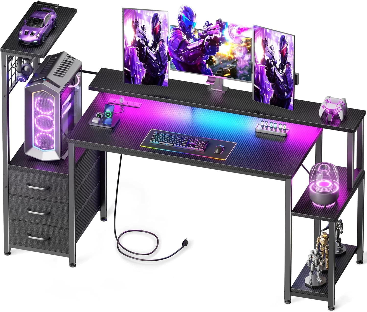 Special 48 Inch Gaming Desk with LED Lights & Power Outlets, Computer Desk with Fabric Drawers & Side Hook