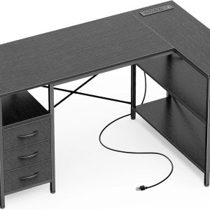 Special L Shaped Office Desk with Power Outlets, 47 Inch Computer Desk with 3 Drawers